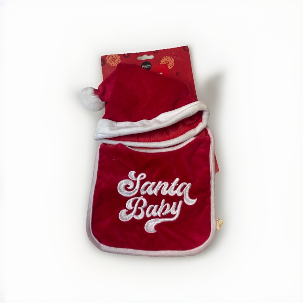 NWT Signature‎ Select Santa Baby Bib Santa Hat Red White embroidered Christmas